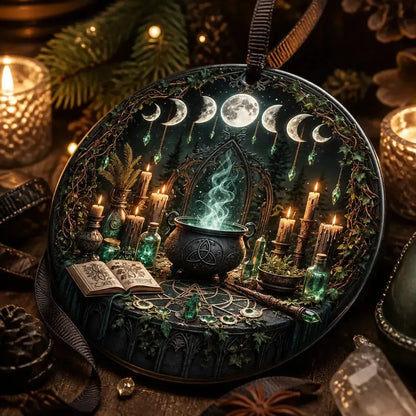 Witchy Cauldron Moon Phases Ceramic Ornament – Gothic Christmas Ornament Wiccan Spiritual Decor_mockup_2.webp