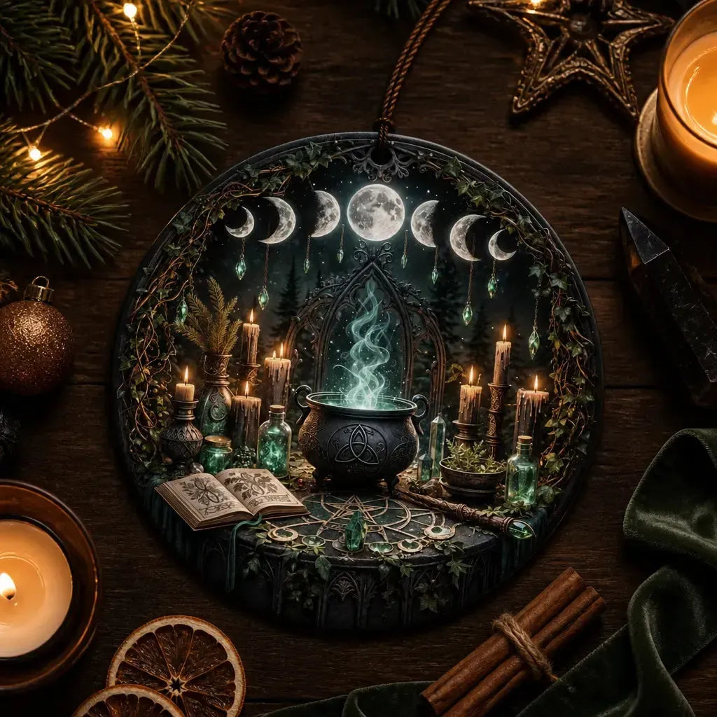 Witchy Cauldron Moon Phases Ceramic Ornament – Gothic Christmas Ornament Wiccan Spiritual Decor_mockup_3.webp