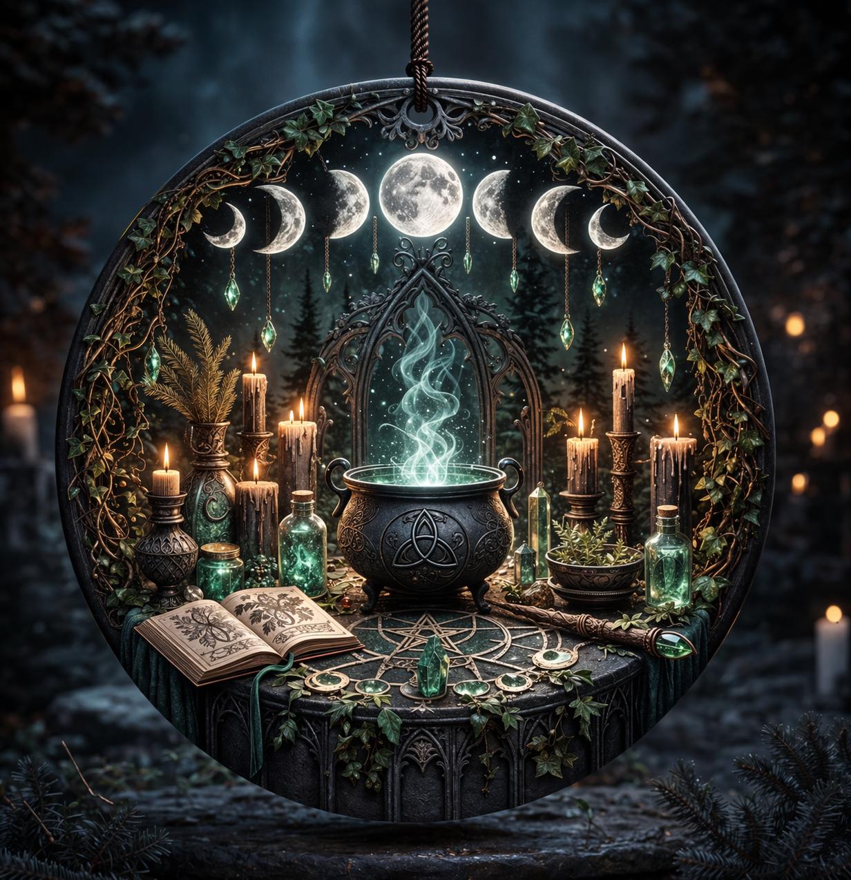 Witchy Cauldron Moon Phases Ceramic Ornament – Gothic Christmas Ornament Wiccan Spiritual Decor-MoonChildWorld