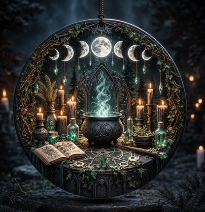 Gothic ceramic ornament with a black cauldron, glowing green potion, triple moon phases, and ivy in a dark forest.