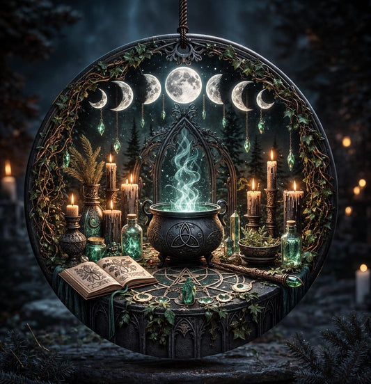 Witchy Cauldron Moon Phases Ceramic Ornament – Gothic Christmas Ornament Wiccan Spiritual Decor-MoonChildWorld