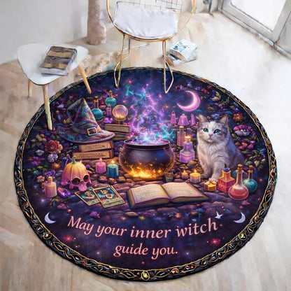 Round witchy cauldron rug with a spooky cat, mystical items, and "May your inner witch guide you" text.