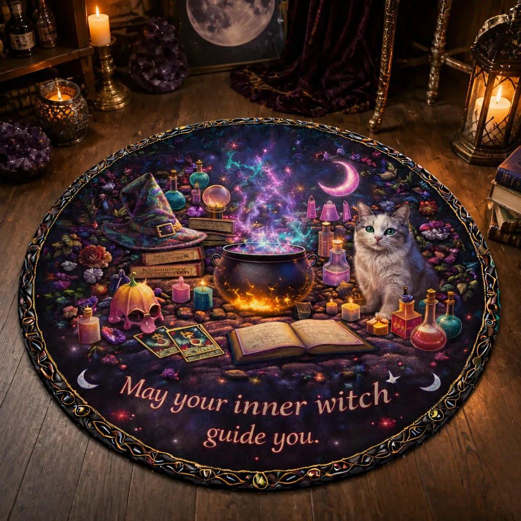 Witchy Cauldron Spooky Cat Round Rug Wiccan Pagan Carpet Halloween Home Decor_mockup_3.webp