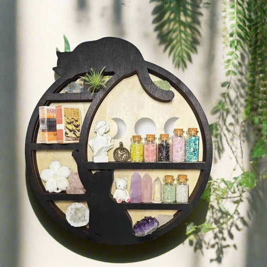 Witchy Display Stand Black Cat Moon Wooden Shelf-MoonChildWorld