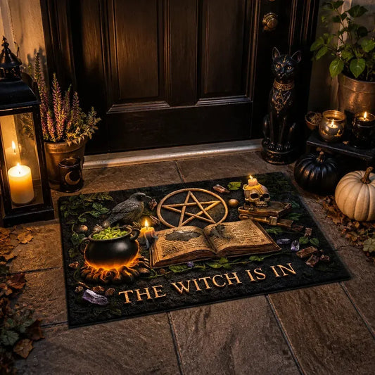 Witchy Doormat with Raven, Pentacle, Skull – Spooky Halloween Welcome Mat for Gothic Porch_mockup_1.webp