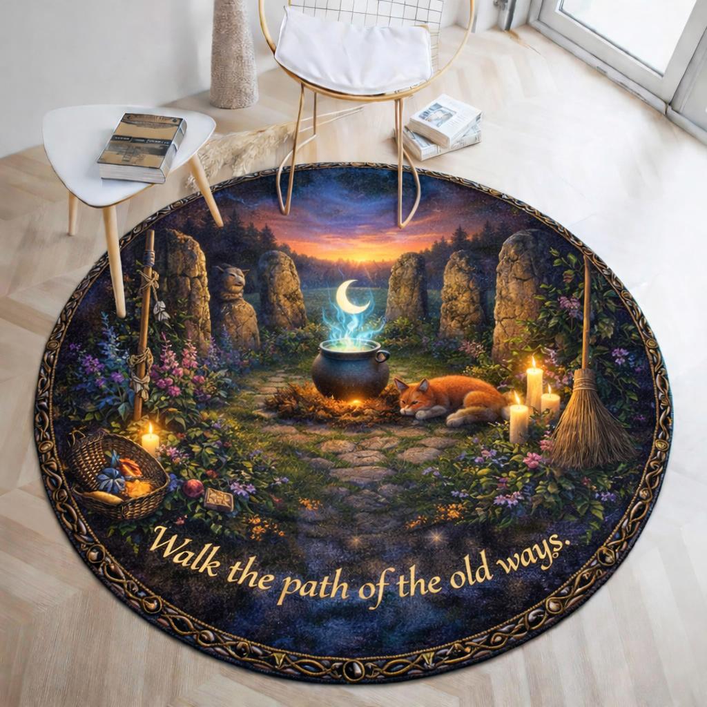 Witchy Forest round rug with mystic fox, glowing cauldron, crescent moon, and "Walk the path of the old ways" text.