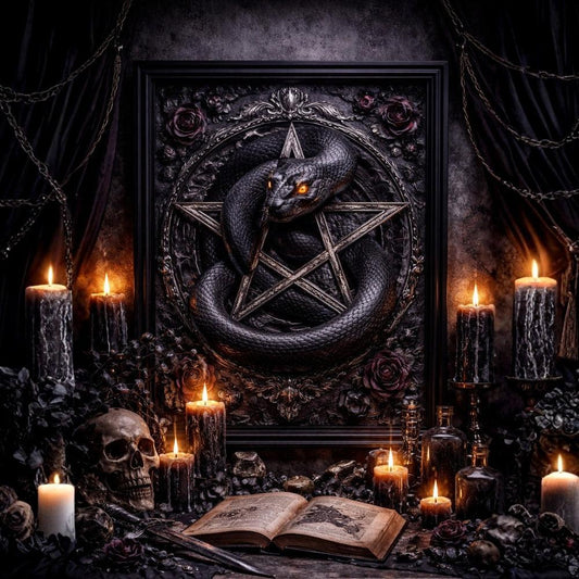 Witchy Gothic Halloween Decor - Pentagram Snake Witchcraft Black Framed Art Print Canvas for Dark Mystical Spaces-MoonChildWorld