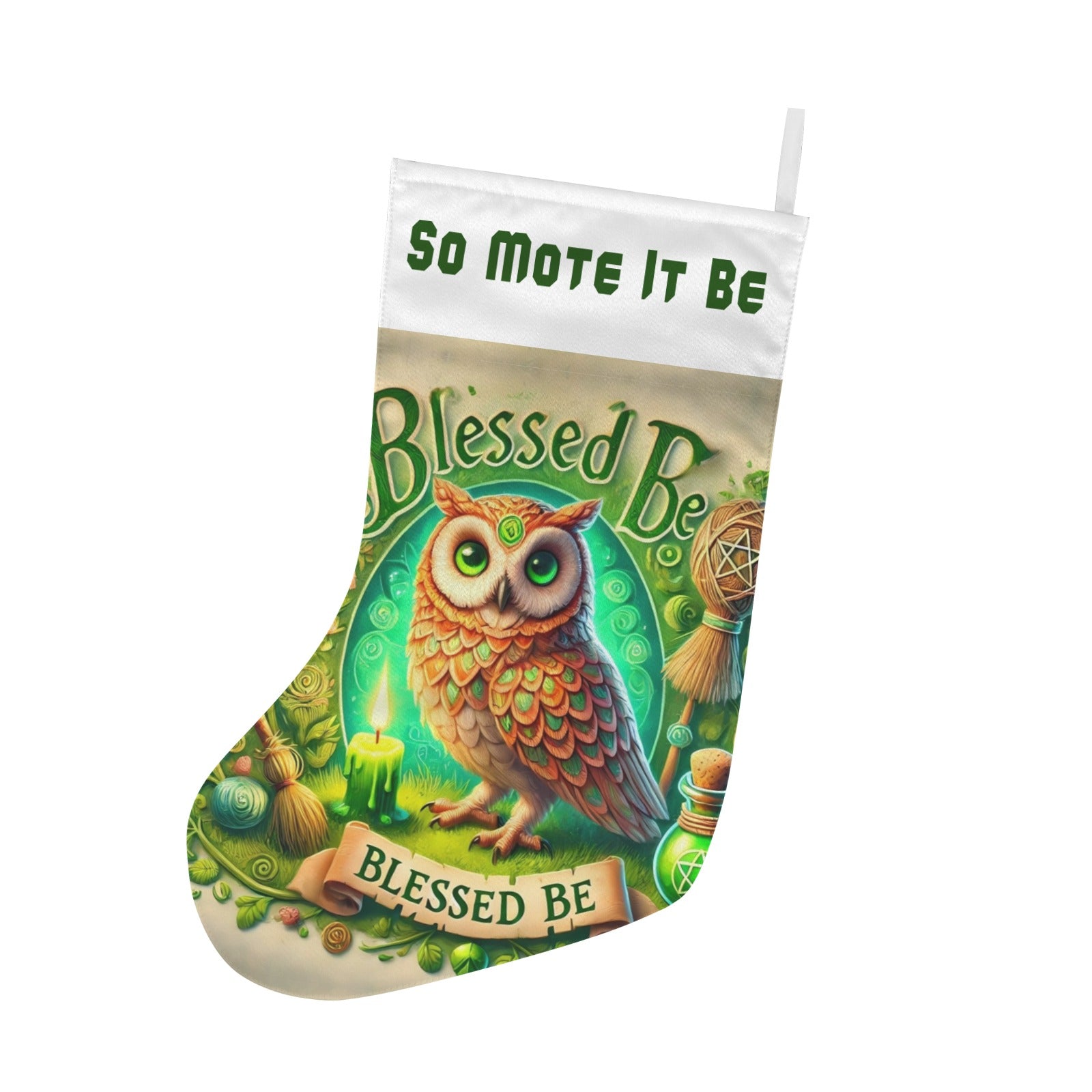 Witchy Green Owl Wicca Christmas Stocking for Yule Decorations-MoonChildWorld