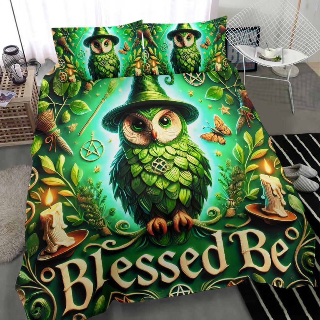Witchy Green Owl Wiccan Bedding Set for St. Patrick's Day Decor-MoonChildWorld
