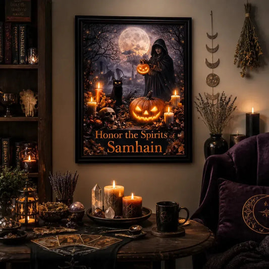 Witchy Halloween Wall Art - Black Framed Gothic Witch Canvas for Wicca Samhain Decor_mockup_1.webp