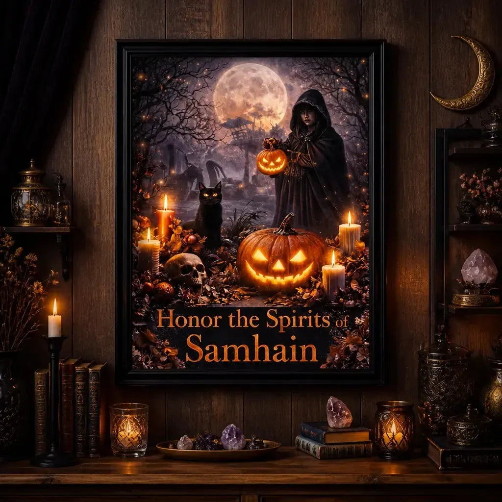 Witchy Halloween Wall Art - Black Framed Gothic Witch Canvas for Wicca Samhain Decor_mockup_2.webp