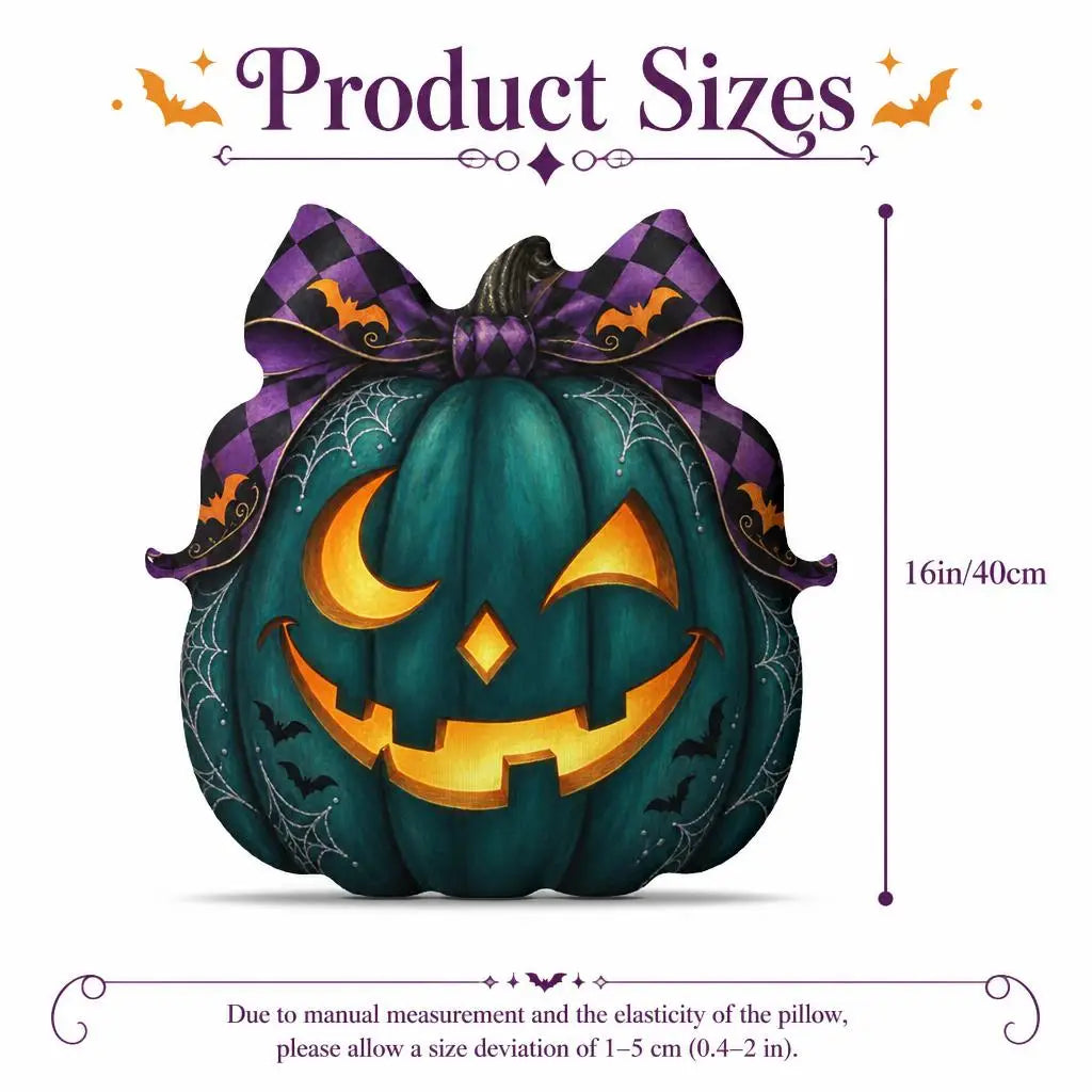 Size guide showing 16 inch / 40 cm: decorative plush pillow featuring witch-inspired jack-o-lantern artwork
