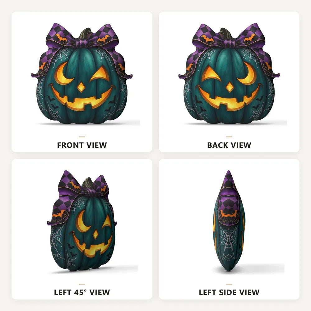 Front, back and side views: decorative plush pillow featuring witch-inspired jack-o-lantern artwork