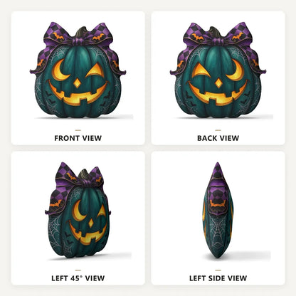 Front, back and side views: decorative plush pillow featuring witch-inspired jack-o-lantern artwork
