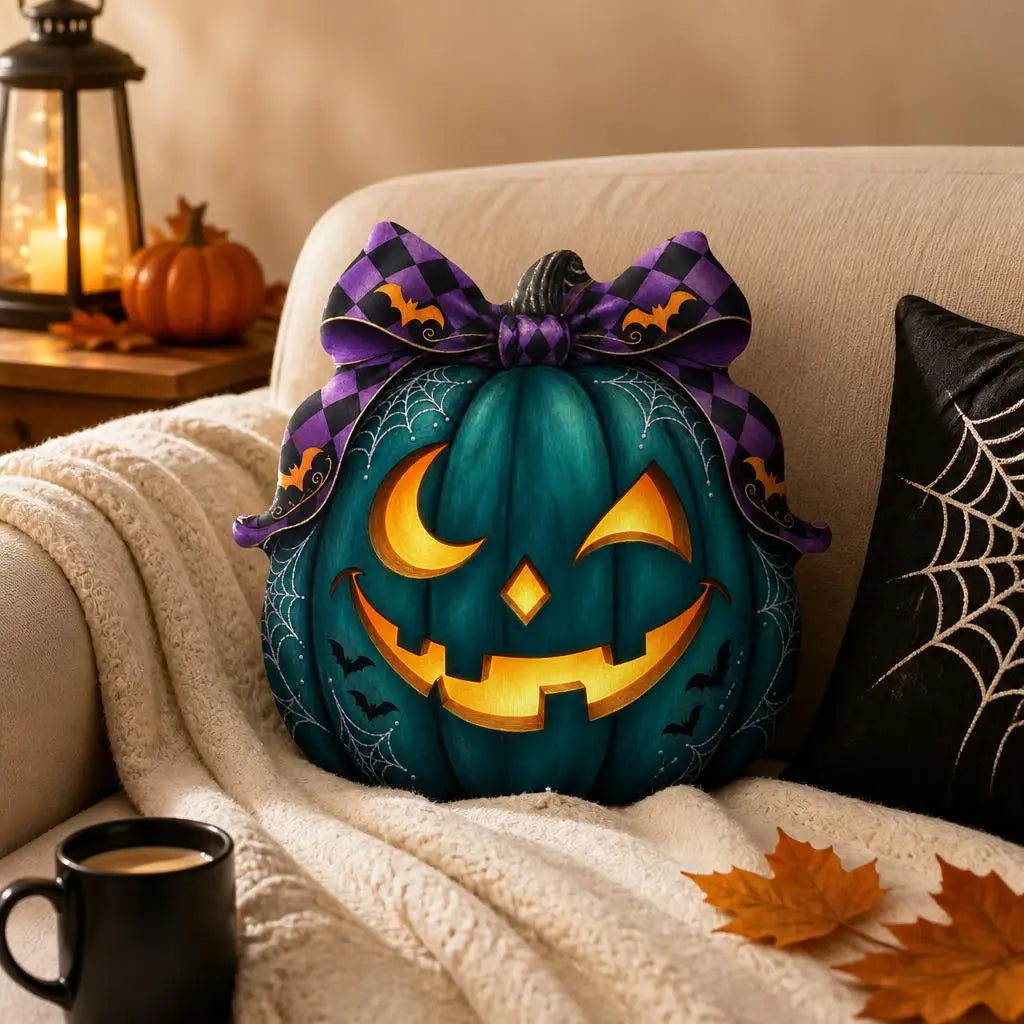 Alternate styled room view: decorative plush pillow featuring witch-inspired jack-o-lantern artwork