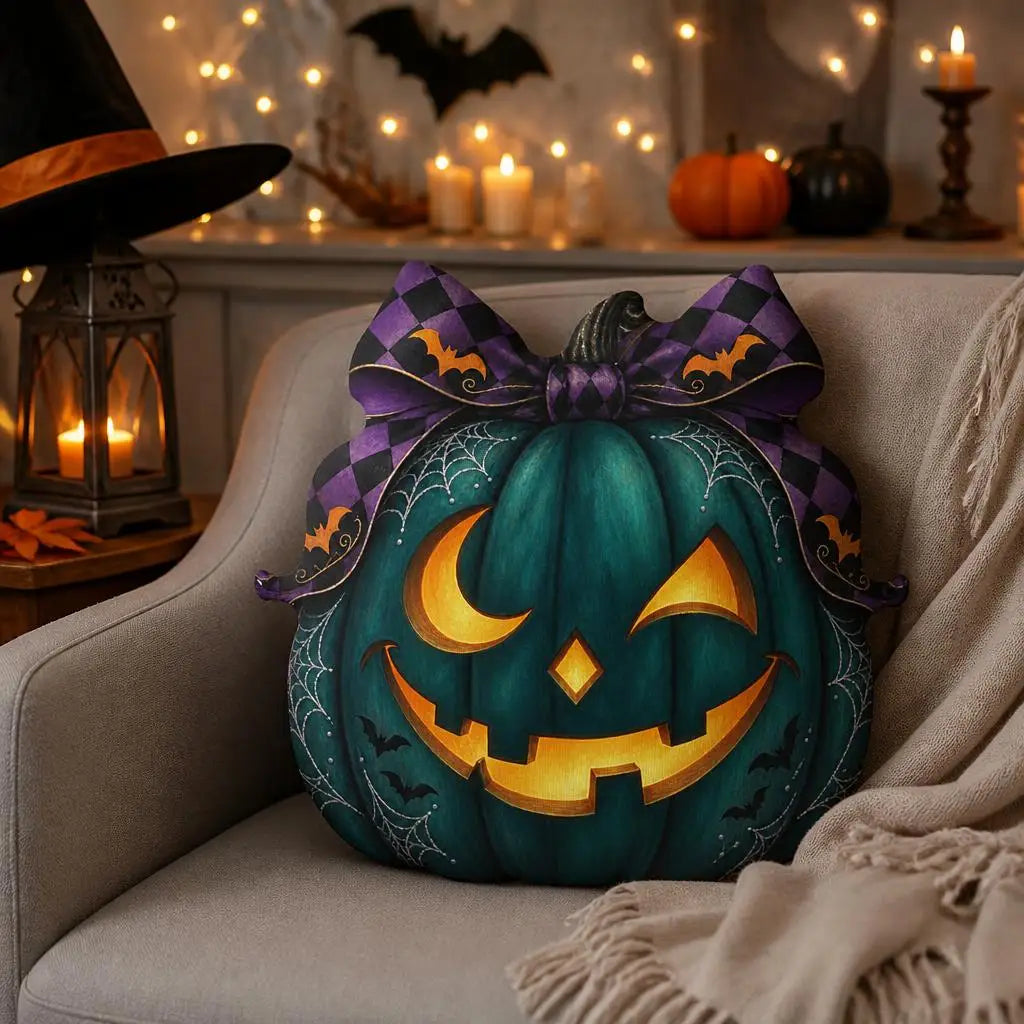 Styled room view: decorative plush pillow featuring witch-inspired jack-o-lantern artwork