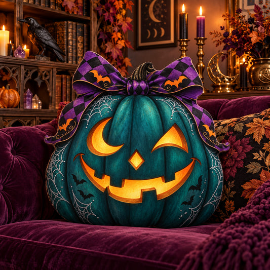Witchy Jack O Lantern Plush Pillow in a witchy room