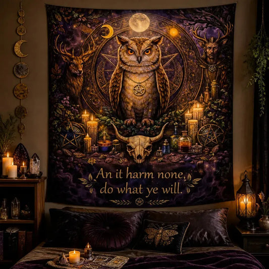 Witchy Owl Familiar Tapestry for Wiccan – Occult Witchcraft Wall Hanging_mockup_1.webp