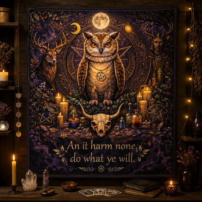 Witchy Owl Familiar Tapestry for Wiccan – Occult Witchcraft Wall Hanging_mockup_2.webp