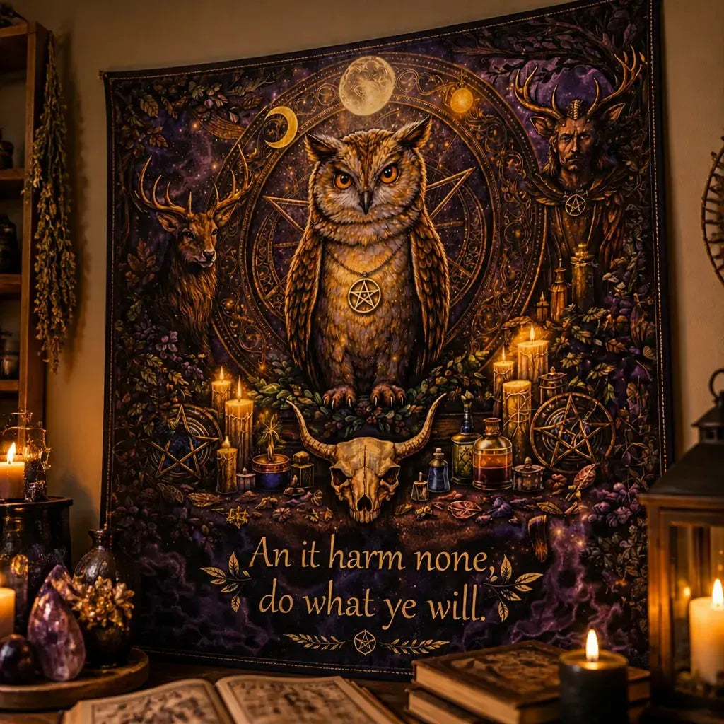 Witchy Owl Familiar Tapestry for Wiccan – Occult Witchcraft Wall Hanging_mockup_3.webp