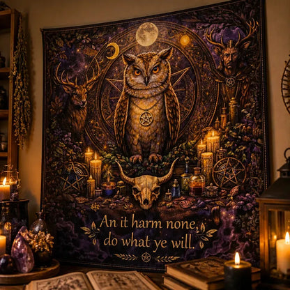 Witchy Owl Familiar Tapestry for Wiccan – Occult Witchcraft Wall Hanging_mockup_3.webp