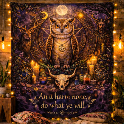 Witchy owl familiar tapestry in deep purple with a pentagram, deer, candles, and "An it harm none" quote.