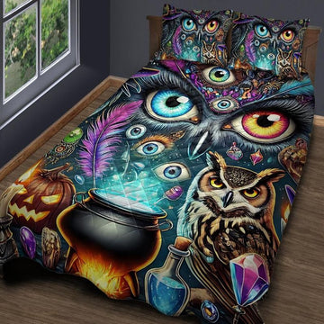 Witchy Owl Halloween Quilt Bedding Set-MoonChildWorld