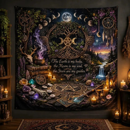 Witchy Pagan Tapestry with Tree of Life, Pentacle, Triple Moon – Wiccan Altar Wall Hanging_mockup_2.webp