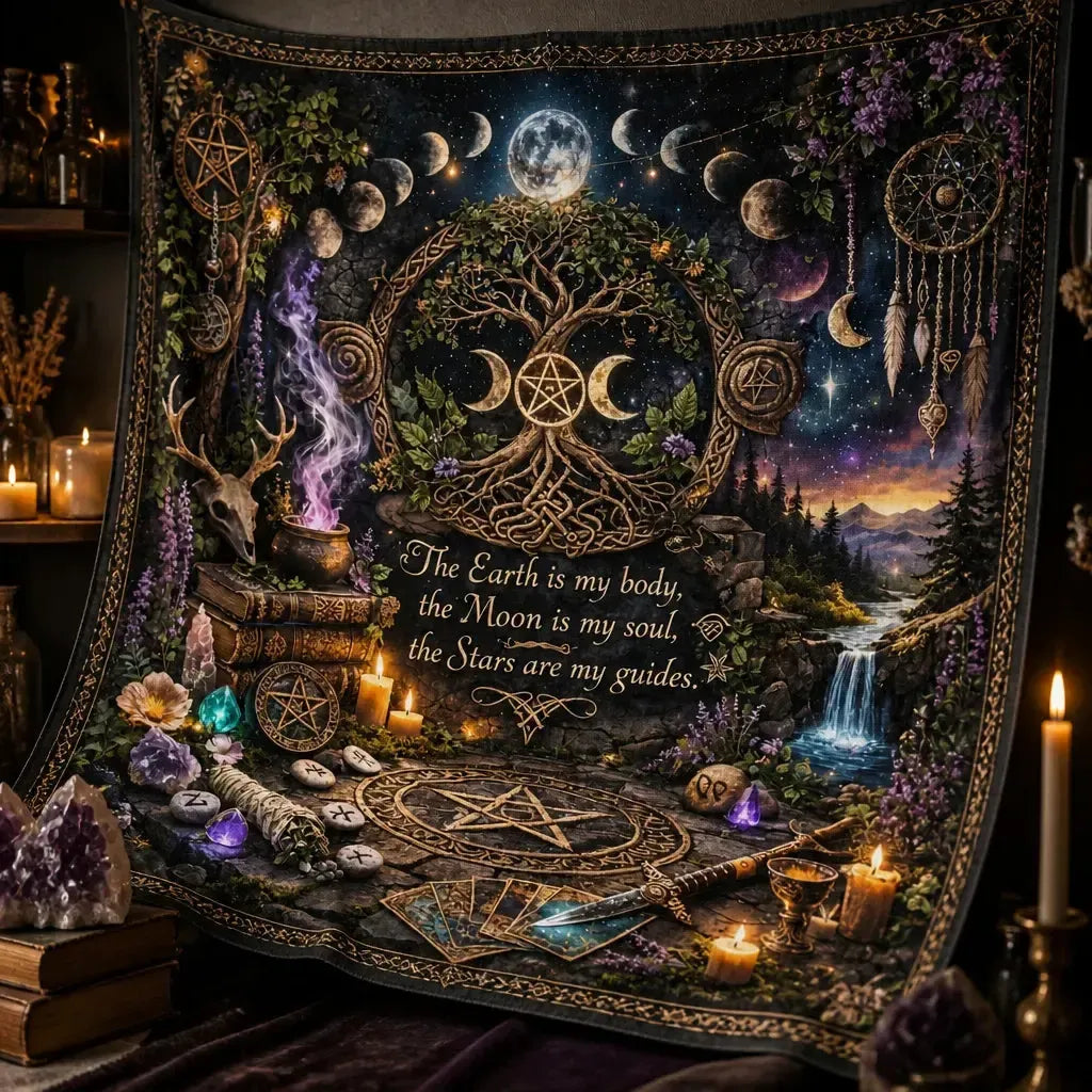 Witchy Pagan Tapestry with Tree of Life, Pentacle, Triple Moon – Wiccan Altar Wall Hanging_mockup_3.webp