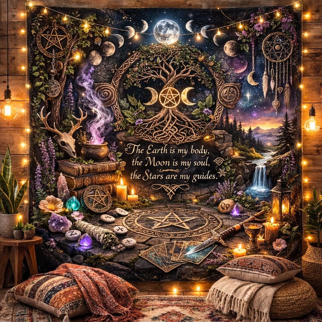 Witchy Pagan Tapestry with Tree of Life, Pentacle, Triple Moon – Wiccan Altar Wall Hanging-MoonChildWorld