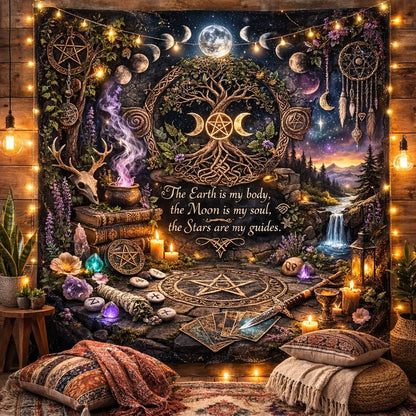 Mystical Wiccan tapestry with Tree of Life, Pentacle, Triple Moon, and glowing string lights.
