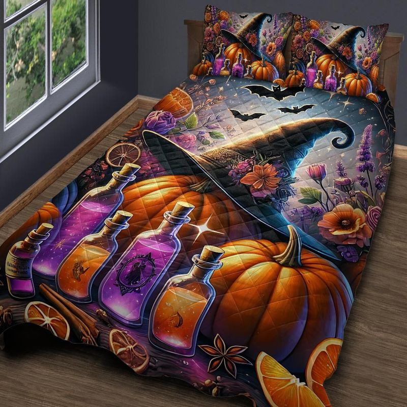 Witchy Pumpkin Quilt Bedding Set for Halloween-MoonChildWorld