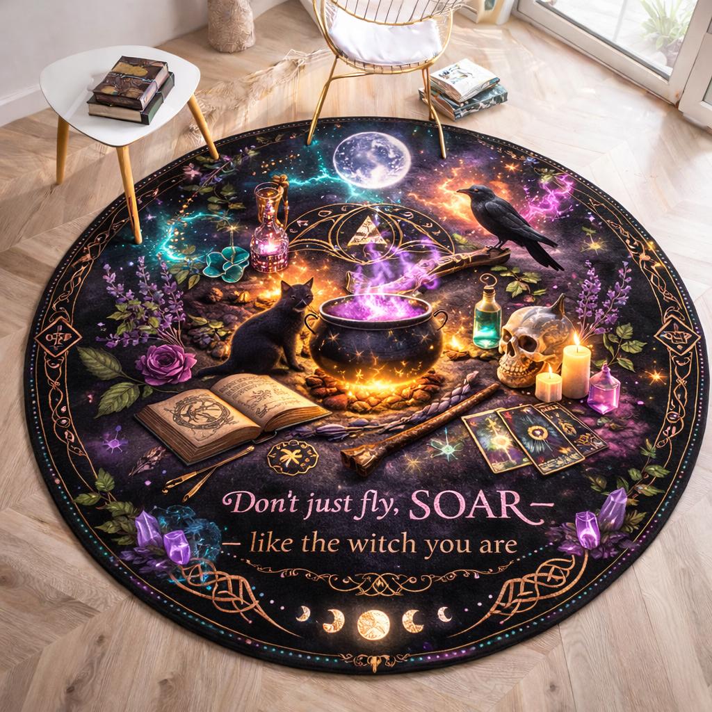 Black witchy round rug with raven, black cat, cauldron, skull, and "Don't just fly, SOAR" text.