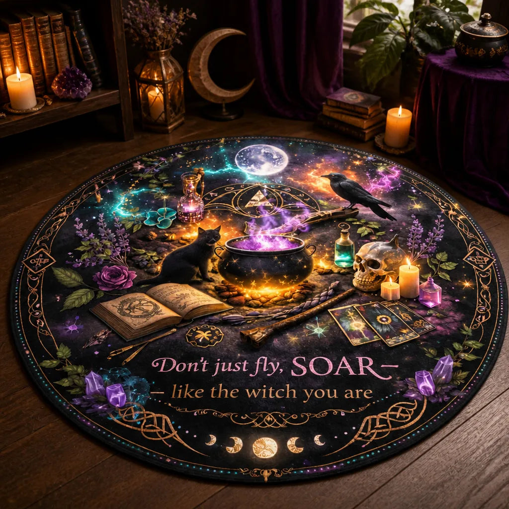 Witchy Raven Black Cat Wiccan Round Rug Gothic Halloween Carpet Pagan Home Decor_mockup_3.webp