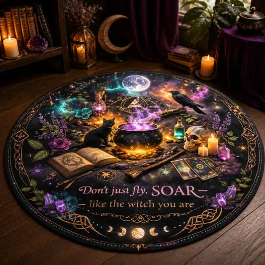 Witchy Raven Black Cat Wiccan Round Rug Gothic Halloween Carpet Pagan Home Decor_mockup_3.webp