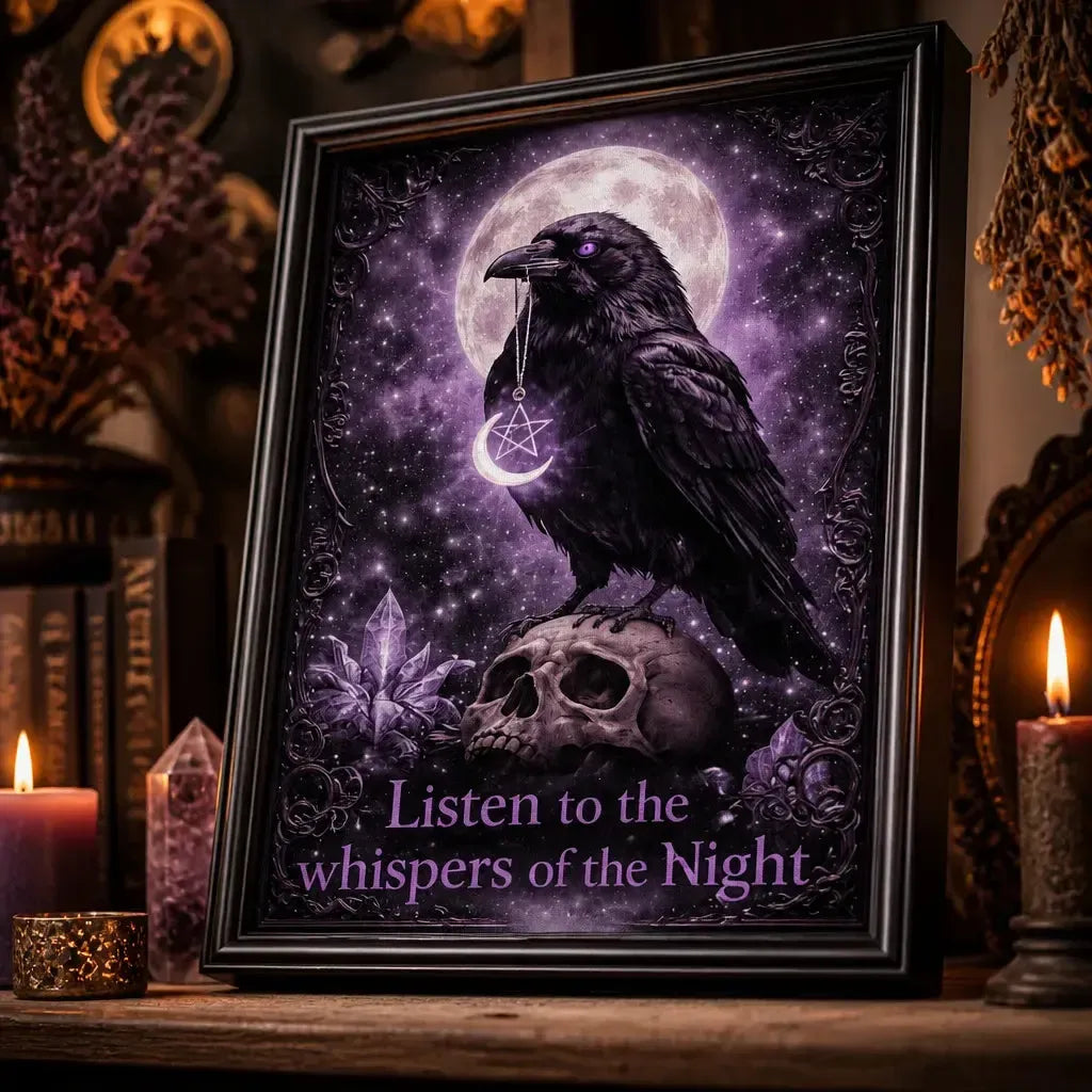 Witchy Raven Black Framed Art Print - Dark Crow Skull Canvas Wall Art Halloween Decor_mockup_3.webp