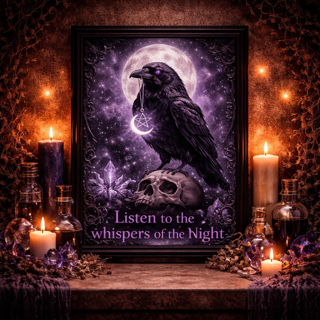 Witchy Raven Black Framed Art Print - Dark Crow Skull Canvas Wall Art Halloween Decor-MoonChildWorld