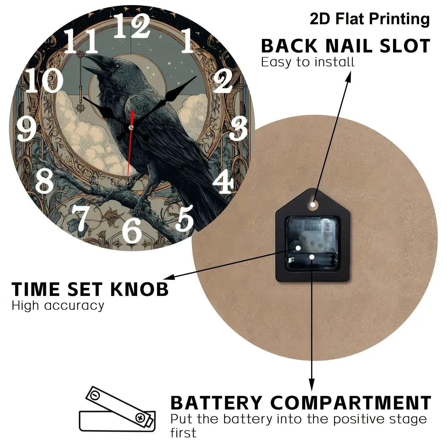 Witchy Raven Gothic Crow Wooden Wall Clock Halloween Wall Decor-MoonChildWorld