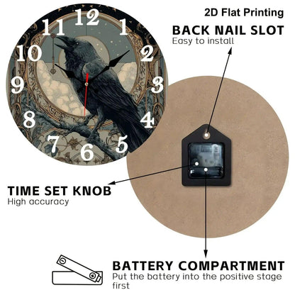 Witchy Raven Gothic Crow Wooden Wall Clock Halloween Wall Decor-MoonChildWorld