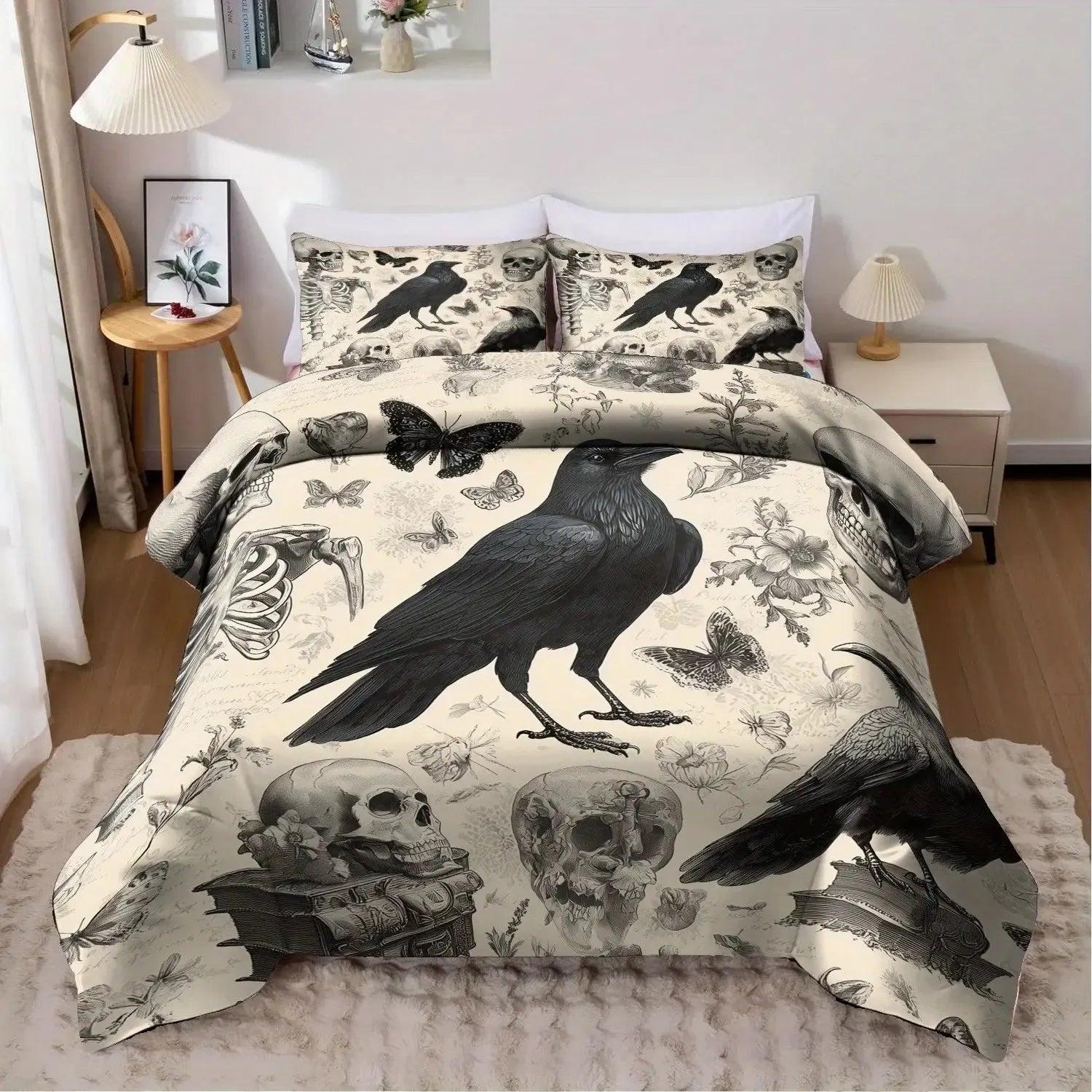 Witchy Raven Halloween Duvet Cover Set Gothic Skulls Crows Bedding Set-MoonChildWorld