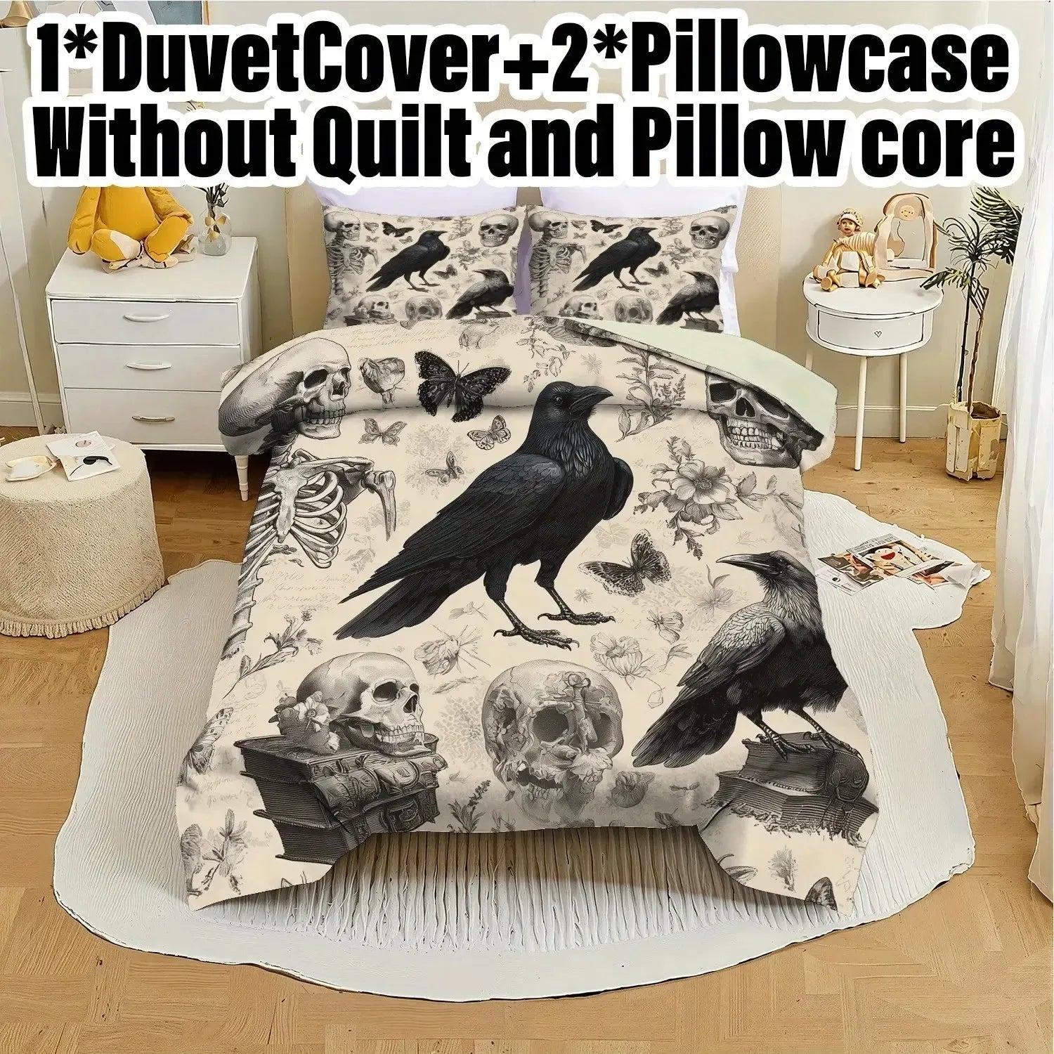 Witchy Raven Halloween Duvet Cover Set Gothic Skulls Crows Bedding Set-MoonChildWorld