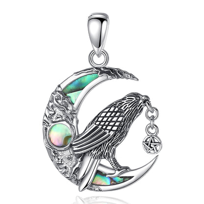 Witchy Raven Moon Necklace: 925 sterling silver raven on an abalone shell crescent moon with pentagram.