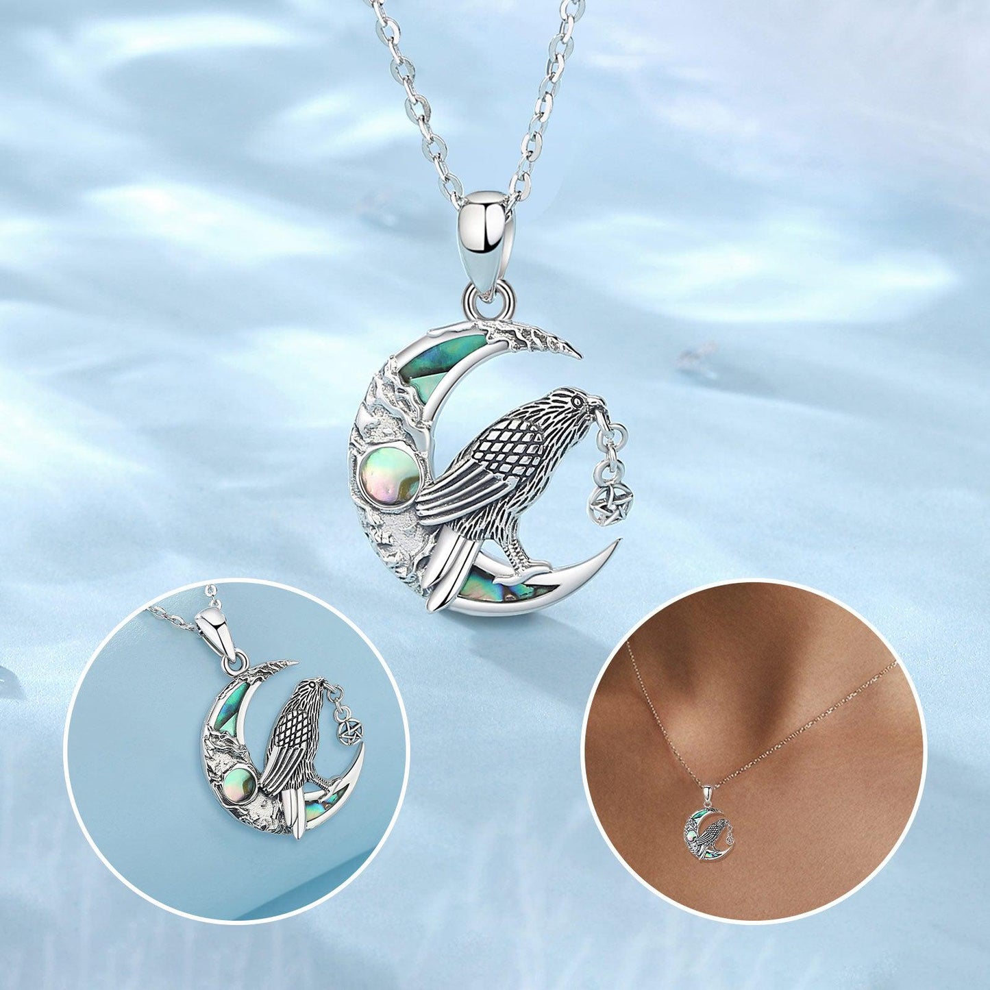 Witchy Raven Moon Necklace: 925 sterling silver pendant with abalone shell, featuring a raven on a crescent moon.