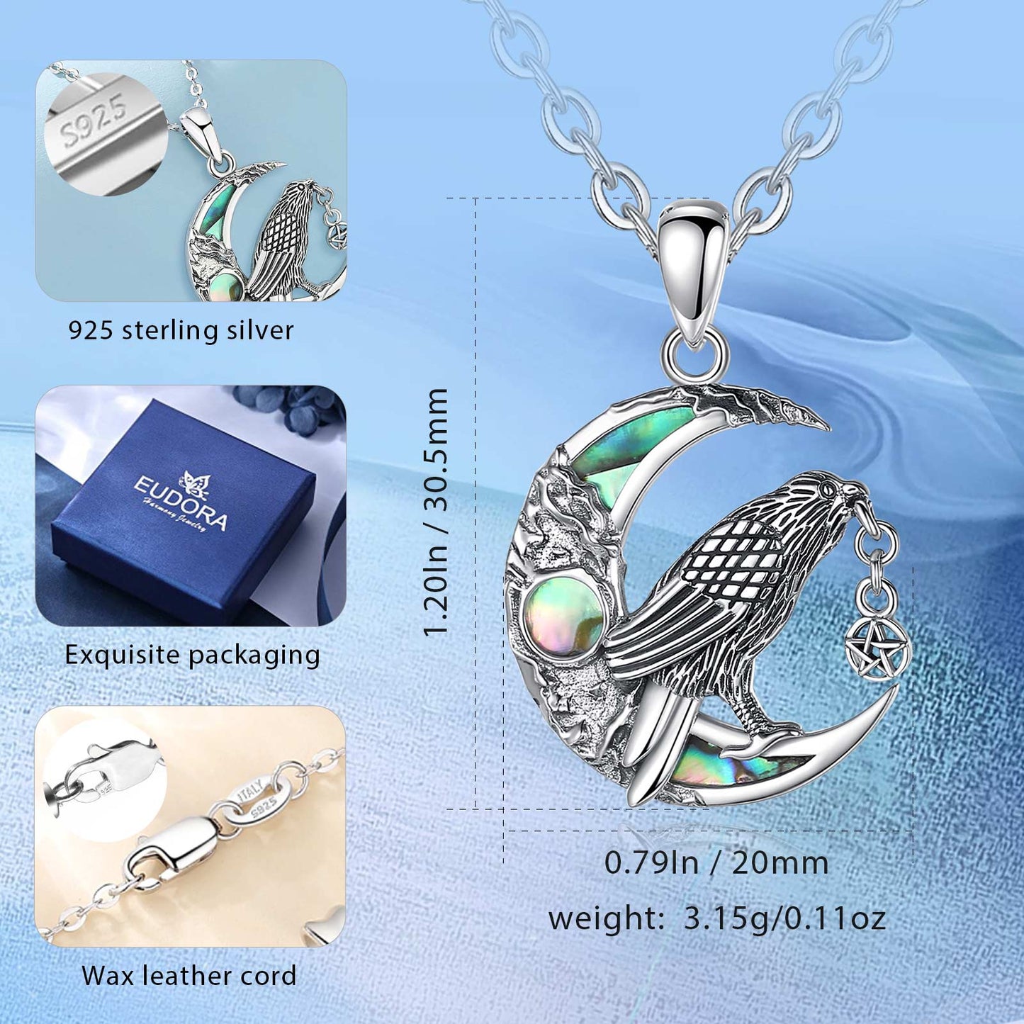 Witchy Raven Moon Necklace: 925 sterling silver pendant with abalone shell, featuring a raven on a crescent moon.