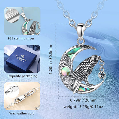 Witchy Raven Moon Necklace: 925 sterling silver pendant with abalone shell, featuring a raven on a crescent moon.
