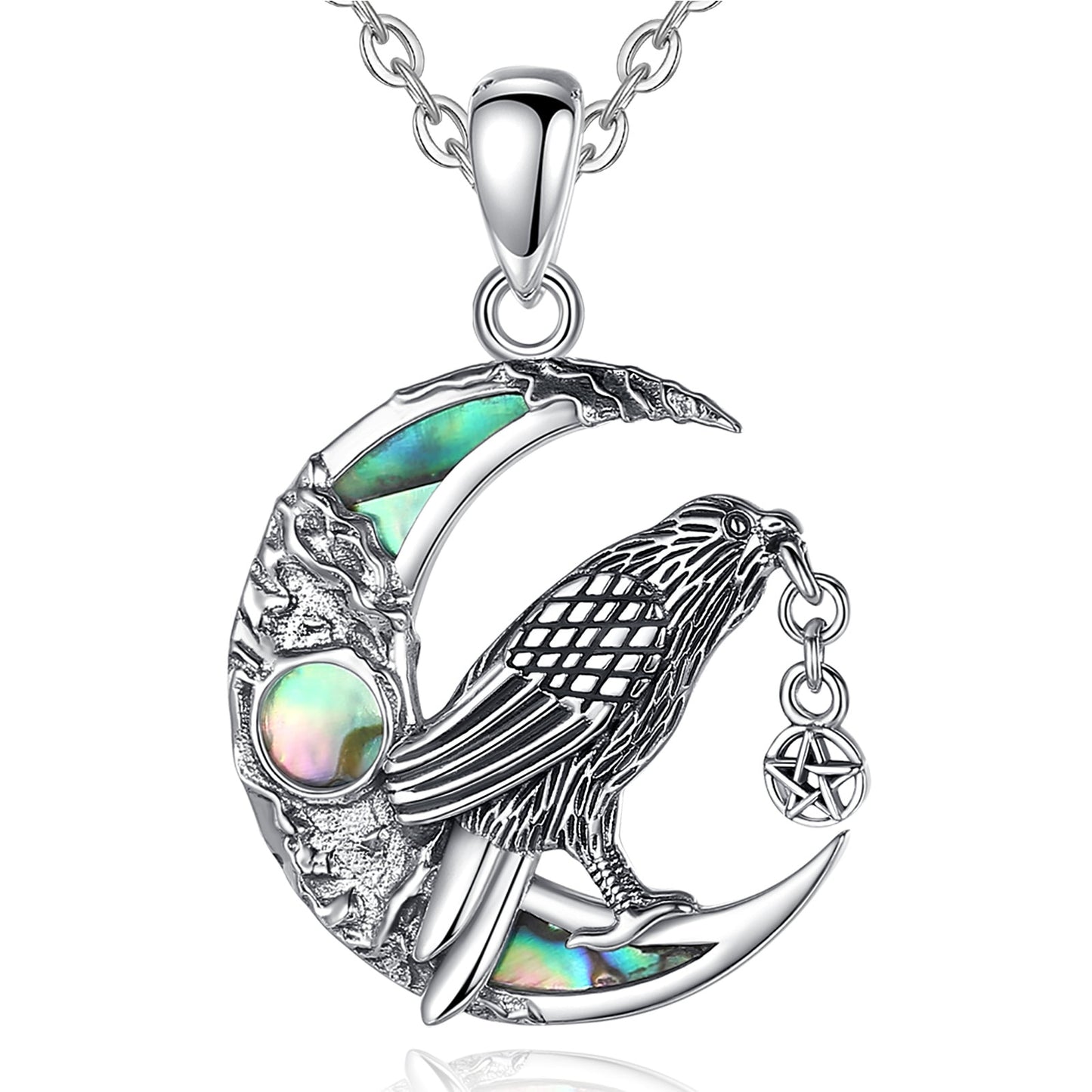 Witchy Raven Moon Necklace: Sterling silver raven on abalone crescent moon, holding a pentagram.