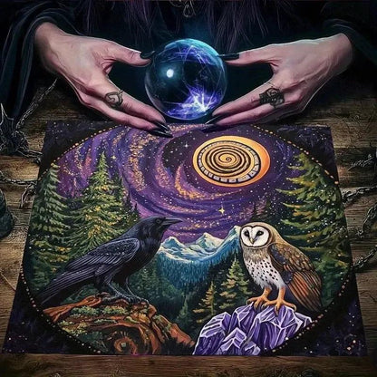 Witchy Raven & Owl Night Sky Tarot Tablecloth – Mystical Forest Design for Wicca Divination & Altar-MoonChildWorld