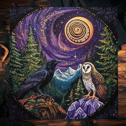 Witchy Raven & Owl Night Sky Tarot Tablecloth – Mystical Forest Design for Wicca Divination & Altar-MoonChildWorld