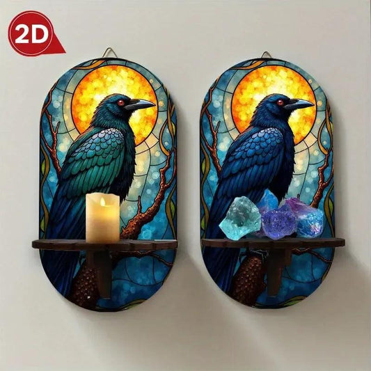 Witchy Raven Wall Shelf for Crystals & Candles – Wooden Gothic Crow Floating Shelf Wicca Altar Decor-MoonChildWorld
