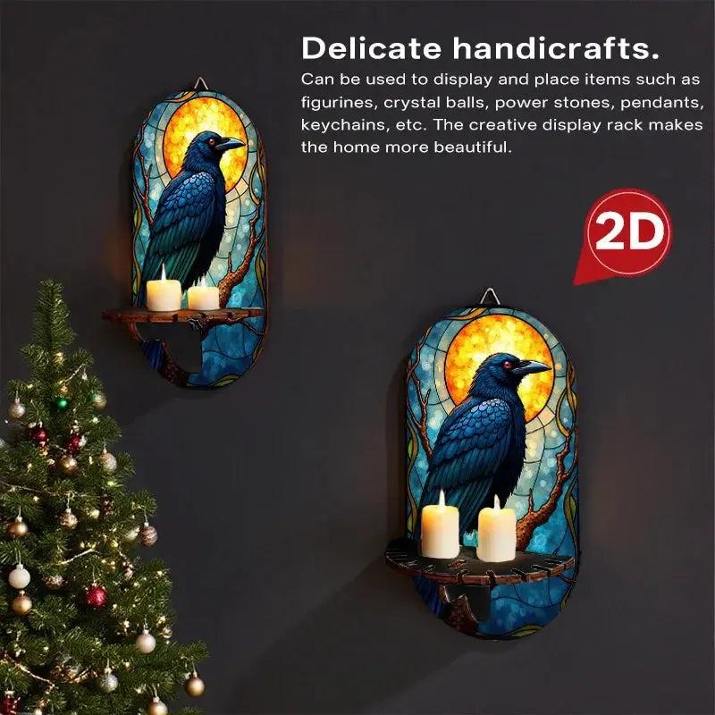 Witchy Raven Wall Shelf for Crystals & Candles – Wooden Gothic Crow Floating Shelf Wicca Altar Decor-MoonChildWorld